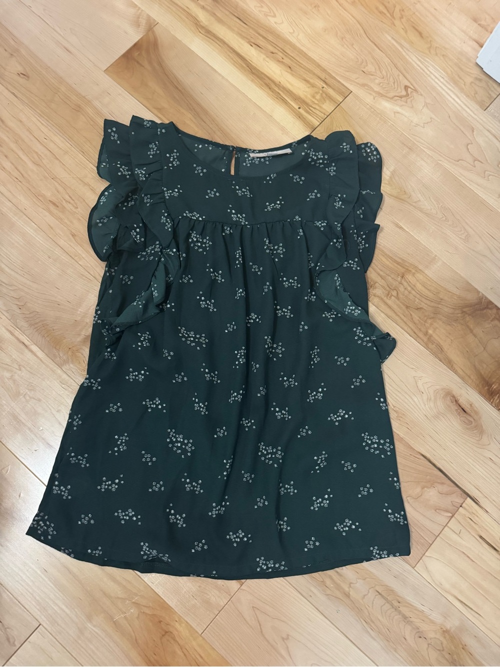 LOFT Dark Green Floral Ruffle Sleeve Blouse
